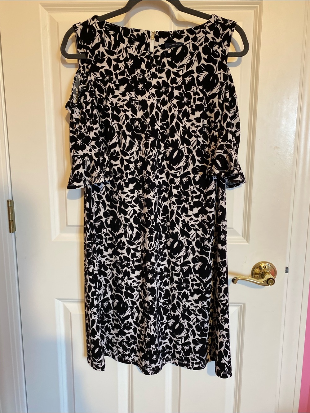 Tommy Hilfiger black white off the shoulder stretch midi dress, size 12
